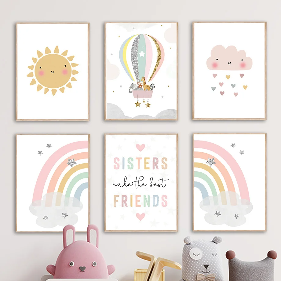 Baby Nursery Artwork - Giraffe Elephant Hot Balloon Sun Rainbow