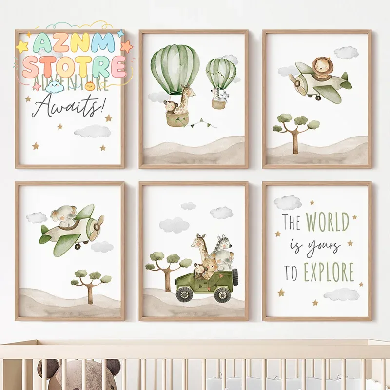 Baby Nursery Home - Hot Air Balloon Animals Posters Canvas