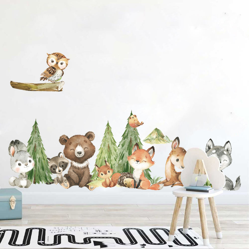 Cartoon Watercolor  Forest Ani - Baby Nursery Tree ulasan dan harga